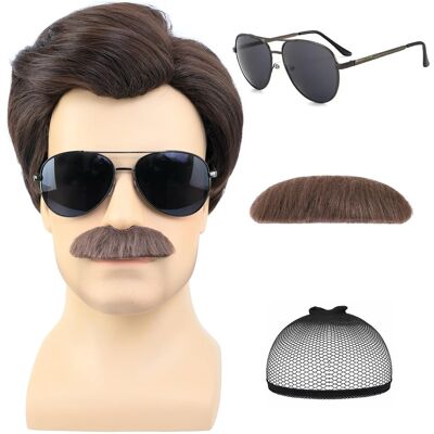 OEM Perruque Courte Marron Hommes Avec Msutache Et Lunettes De Soleil Pour 70s 80s Costume Cosplay Halloween Party - Publicité OEM Perruque Courte Marron Hommes Avec Msutache Et Lunettes De Soleil Pour 70s 80s Costume Cosplay Halloween Party - Publicité