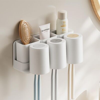 OEM Porte-brosse À Dents Adhésif Mural, Support Dentifrice 3 Tasses + 3 Boîtes Détachables + 6 Compartiments De Rangement Pour Têtes De Brosse - Publicité OEM Porte-brosse À Dents Adhésif Mural, Support Dentifrice 3 Tasses + 3 Boîtes Détachables + 6 Compartiments De Rangement Pour Têtes De Brosse - Publicité