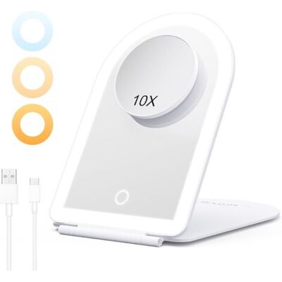SCORPIO Miroir Maquillage Lumineux Portable Avec Grossissant 10x, Miroir À Coiffeuse Led Tactile Réglable - Éclairage 3 Couleurs, Usb Rechargeable Pour Voyage Et Chambre, Blanc - Publicité SCORPIO Miroir Maquillage Lumineux Portable Avec Grossissant 10x, Miroir À Coiffeuse Led Tactile Réglable - Éclairage 3 Couleurs, Usb Rechargeable Pour Voyage Et Chambre, Blanc - Publicité