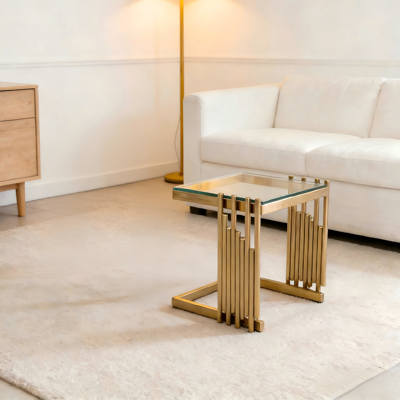 DEVOKO Table D'Appoint Carrée 41cm Verre Trempé Transparent, Cadre Acier Doré Miroir. Luxe Pour Salon, Chambre Et Balcon - Publicité DEVOKO Table D'Appoint Carrée 41cm Verre Trempé Transparent, Cadre Acier Doré Miroir. Luxe Pour Salon, Chambre Et Balcon - Publicité