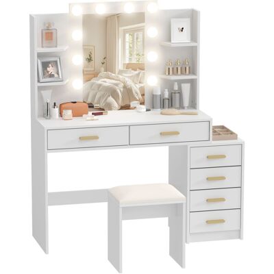 ALMASTORE Coiffeuse Avec Miroir Eclaire Et Tabouret Rembourre Ensemble De Maquillage Avec 6 Tiroirs Et Etageres Blanc - Publicité ALMASTORE Coiffeuse Avec Miroir Eclaire Et Tabouret Rembourre Ensemble De Maquillage Avec 6 Tiroirs Et Etageres Blanc - Publicité