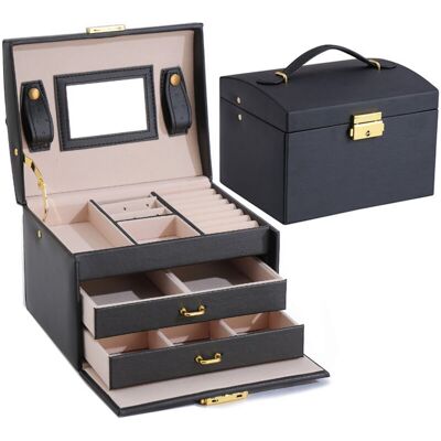 XISRENS Boîte À Bijoux, Boîte À Bijoux Bijoux Et Cosmétiques Boîte De Maquillage 3 Couches Boîte De Beauté En Cuir Artificiel Avec 2 Tiroirs, Miroir Et Serrure (noir) - Publicité XISRENS Boîte À Bijoux, Boîte À Bijoux Bijoux Et Cosmétiques Boîte De Maquillage 3 Couches Boîte De Beauté En Cuir Artificiel Avec 2 Tiroirs, Miroir Et Serrure (noir) - Publicité