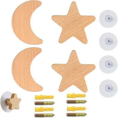 Melissa Crochet Mural En Bois 4pcs Auto-adhésif Decoration Crochets Armoire Forme D’étoile Lune Cintre De Manteau Vêtements Suspendus Chapeau Echarpes Et Casque Pour Chambre Salon Couloir - Publicité Melissa Crochet Mural En Bois 4pcs Auto-adhésif Decoration Crochets Armoire Forme D’étoile Lune Cintre De Manteau Vêtements Suspendus Chapeau Echarpes Et Casque Pour Chambre Salon Couloir - Publicité