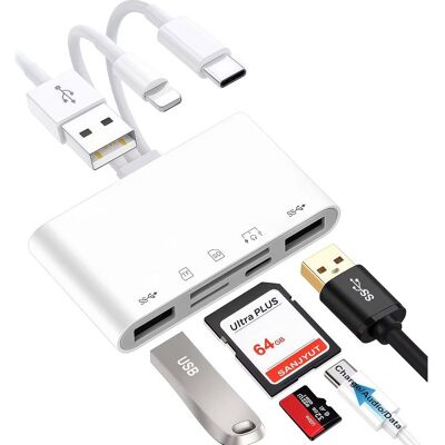 Vision Lecteur De Cartes Mémoire Universel 5 En 1 Avec Connecteurs Usb/lightning/usb-c Et Emplacements Pour Cartes Sd/tf, Adaptateurs Usb Otg, Compatible Avec Les Cartes Mémoire Sd/micro Sd - Publicité Vision Lecteur De Cartes Mémoire Universel 5 En 1 Avec Connecteurs Usb/lightning/usb-c Et Emplacements Pour Cartes Sd/tf, Adaptateurs Usb Otg, Compatible Avec Les Cartes Mémoire Sd/micro Sd - Publicité