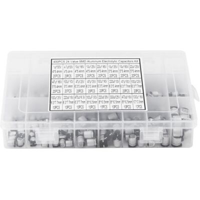 ABYSSE Kit De 400 Condensateurs Électrolytiques En Aluminium Cms (24 Valeurs) Assortis, De 1 Μf À 1000 Μf - Publicité ABYSSE Kit De 400 Condensateurs Électrolytiques En Aluminium Cms (24 Valeurs) Assortis, De 1 Μf À 1000 Μf - Publicité