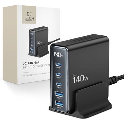 Chargeur Tech-Protect DC140W-GAN 5-PORTE - Noir - 140W - Publicité Chargeur Tech-Protect DC140W-GAN 5-PORTE - Noir - 140W - Publicité
