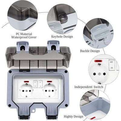 AHLSEN Bravix Prise Exterieure Etanche Ip66 Double Prise De Courant Et Volet De Protection Multiprise Electrique Murale De Jardin, Prise Anti-poussière Et Coupe-vent Avec Interrupteur, Voyant Lumineux - Publicité AHLSEN Bravix Prise Exterieure Etanche Ip66 Double Prise De Courant Et Volet De Protection Multiprise Electrique Murale De Jardin, Prise Anti-poussière Et Coupe-vent Avec Interrupteur, Voyant Lumineux - Publicité
