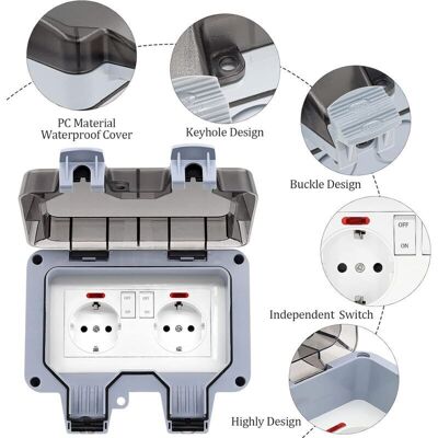 ENLENK Prise Exterieure Etanche Ip66 Double Prise De Courant Et Volet De Protection Multiprise Electrique Murale De Jardin, Prise Anti-poussière Et Coupe-vent Avec Interrupteur, Voyant Lumineux - Publicité ENLENK Prise Exterieure Etanche Ip66 Double Prise De Courant Et Volet De Protection Multiprise Electrique Murale De Jardin, Prise Anti-poussière Et Coupe-vent Avec Interrupteur, Voyant Lumineux - Publicité