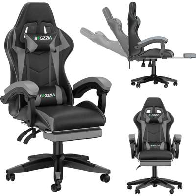 XHOMRATTAN Chaise De Gaming De Bureau Avec Repose-pieds Ergonomique, Pivotant À 90 °, Avec Coussin Lombaire & Appuie-tête, Réglable En Hauteur - Gris - Publicité XHOMRATTAN Chaise De Gaming De Bureau Avec Repose-pieds Ergonomique, Pivotant À 90 °, Avec Coussin Lombaire & Appuie-tête, Réglable En Hauteur - Gris - Publicité