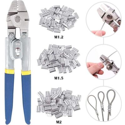 SANS MARQUE Outil De Sertissage Pour Câble Métallique Jusqu'à 2,2 Mm Avec 150 Manchons De Sertissage Double Barillet En Aluminium De 3 Tailles - Publicité SANS MARQUE Outil De Sertissage Pour Câble Métallique Jusqu'à 2,2 Mm Avec 150 Manchons De Sertissage Double Barillet En Aluminium De 3 Tailles - Publicité