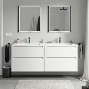 BERNSTEIN - Meuble double vasque suspendu salle de bain MDF Blanc mat, lavabos fonte minérale Blanc mat + trous robinet, tiroirs passe-main pivotants - Publicité BERNSTEIN - Meuble double vasque suspendu salle de bain MDF Blanc mat, lavabos fonte minérale Blanc mat + trous robinet, tiroirs passe-main pivotants - Publicité