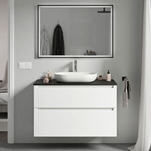 Meuble Sous Vasque Suspendu Salle De Bain Mdf Blanc Mat, Plan Vasque Noir Mat, Tiroirs Passe-main Pivotants - 100x46x62cm - Vireo Blanc Mat, Noir Mat - Bernstein - Publicité Meuble Sous Vasque Suspendu Salle De Bain Mdf Blanc Mat, Plan Vasque Noir Mat, Tiroirs Passe-main Pivotants - 100x46x62cm - Vireo Blanc Mat, Noir Mat - Bernstein - Publicité