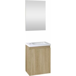 Ensemble meuble lave-mains avec miroir porto pack - couleur chêne - L40 x H51 x P25 cm - Chêne Hamilton - Allibert - Publicité