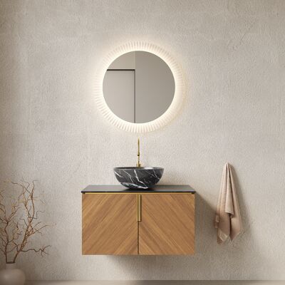 ACKERMAN Meuble Vasque Mural 76cm Pour Salle De Bain Avec Vasque Céramique Noire Bol Avec Motif De Pierre, Plan De Travail En Grès Noir, Armoire En Contreplaqué Avec 2 Portes, Couleur Grain De Chêne Brun - Publicité ACKERMAN Meuble Vasque Mural 76cm Pour Salle De Bain Avec Vasque Céramique Noire Bol Avec Motif De Pierre, Plan De Travail En Grès Noir, Armoire En Contreplaqué Avec 2 Portes, Couleur Grain De Chêne Brun - Publicité