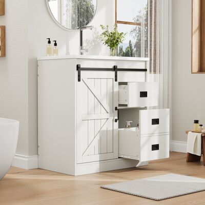 ARRIGONI Meuble De Salle De Bain Blanc Au Design Porte De Grange, Meuble Sous-vasque Avec Vasque En Céramique, Meuble De Salle De Bain Avec Tiroirs Et Armoire, Meuble Moderne Pour Salle De Bain - Publicité ARRIGONI Meuble De Salle De Bain Blanc Au Design Porte De Grange, Meuble Sous-vasque Avec Vasque En Céramique, Meuble De Salle De Bain Avec Tiroirs Et Armoire, Meuble Moderne Pour Salle De Bain - Publicité