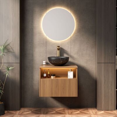 ACKERMAN Meuble De Salle De Bain Suspendu 60cm Avec Vasque En Céramique Noire À Motif De Pierre, Meuble En Contreplaqué Rayé Avec Tiroir Et Étagère, Éclairage Capteur, Préassemblé, Couleur Veinure De Bois Chên - Publicité ACKERMAN Meuble De Salle De Bain Suspendu 60cm Avec Vasque En Céramique Noire À Motif De Pierre, Meuble En Contreplaqué Rayé Avec Tiroir Et Étagère, Éclairage Capteur, Préassemblé, Couleur Veinure De Bois Chên - Publicité