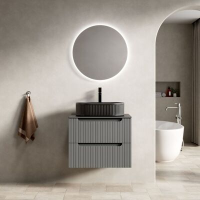 ACKERMAN Meuble Vasque Suspendu 60cm Pour Salle De Bain Avec Vasque Ovale Noire, Plaque En Grès Noir, Armoire En Contreplaqué Rayé Avec 2 Tiroirs, Pré-monté, Couleur Gris Foncé - Publicité ACKERMAN Meuble Vasque Suspendu 60cm Pour Salle De Bain Avec Vasque Ovale Noire, Plaque En Grès Noir, Armoire En Contreplaqué Rayé Avec 2 Tiroirs, Pré-monté, Couleur Gris Foncé - Publicité