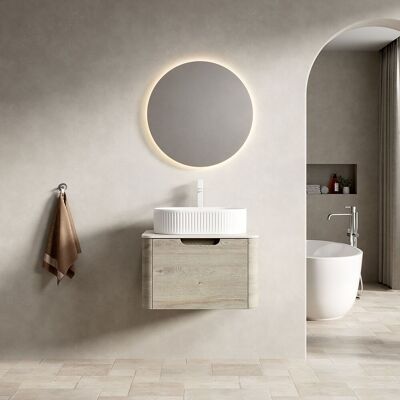ACKERMAN Meuble Vasque Suspendu 60cm Pour Salle De Bain Avec Vasque Ovale Blanche, Plaque En Grès Travertin, Armoire En Contreplaqué À Bords Arrondis Avec Tiroir, Pré-monté, Couleur Crème Grain De Chêne - Publicité ACKERMAN Meuble Vasque Suspendu 60cm Pour Salle De Bain Avec Vasque Ovale Blanche, Plaque En Grès Travertin, Armoire En Contreplaqué À Bords Arrondis Avec Tiroir, Pré-monté, Couleur Crème Grain De Chêne - Publicité