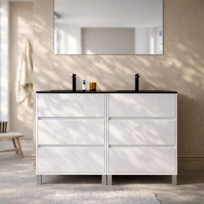 AURLANE Meuble De Salle De Bains 120cm Blanc 6 Tiroirs Et Vasque Double Céramique Noire - Xenos - Publicité AURLANE Meuble De Salle De Bains 120cm Blanc 6 Tiroirs Et Vasque Double Céramique Noire - Xenos - Publicité