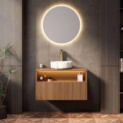 ACKERMAN Meuble Vasque Suspendu 80cm Pour Salle De Bain Avec Vasque Céramique Blanche Bol Motif De Pierre, Armoire En Contreplaqué Rayé Avec Tiroir Et Étagère, Capteur De Lumière, Pré-monté, Grain De Chêne Bru - Publicité ACKERMAN Meuble Vasque Suspendu 80cm Pour Salle De Bain Avec Vasque Céramique Blanche Bol Motif De Pierre, Armoire En Contreplaqué Rayé Avec Tiroir Et Étagère, Capteur De Lumière, Pré-monté, Grain De Chêne Bru - Publicité