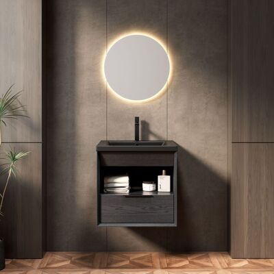 ACKERMAN Meuble Vasque Suspendu 51cm Pour Salle De Bain Avec Vasque Encastrée En Céramique Intégrée, Armoire En Contreplaqué À Bords Biseautés Avec Étagère Et Tiroir, Pré-monté, Couleur Grain De Bois Noir - Publicité ACKERMAN Meuble Vasque Suspendu 51cm Pour Salle De Bain Avec Vasque Encastrée En Céramique Intégrée, Armoire En Contreplaqué À Bords Biseautés Avec Étagère Et Tiroir, Pré-monté, Couleur Grain De Bois Noir - Publicité