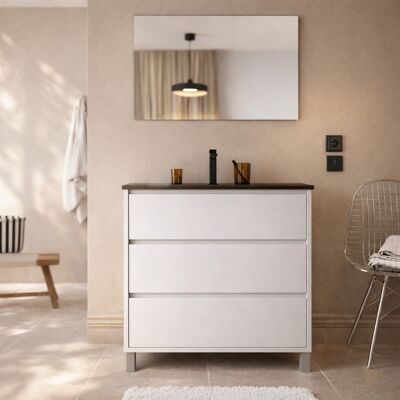 AURLANE Meuble De Salle De Bains 80 Cm Blanc 3 Tiroirs Et Vasque Céramique Noire - Xenos - Publicité AURLANE Meuble De Salle De Bains 80 Cm Blanc 3 Tiroirs Et Vasque Céramique Noire - Xenos - Publicité