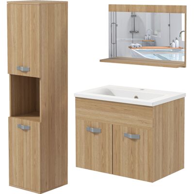 OEM Meuble Salle De Bain 4 Pièces Mural Avec Miroir, Meuble Sous Vasque, Lavabo Et Armoire Haute, Naturel - Publicité OEM Meuble Salle De Bain 4 Pièces Mural Avec Miroir, Meuble Sous Vasque, Lavabo Et Armoire Haute, Naturel - Publicité