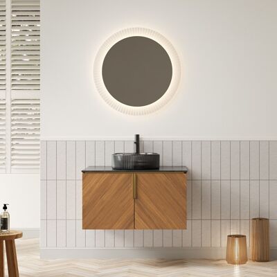 ACKERMAN Meuble-lavabo Suspendu 76 Cm Pour Salle De Bain Avec Vasque Ronde En Verre Noir Transparent, Plan De Travail En Pierre Frittée Noire, Armoire En Contreplaqué Avec 2 Portes, Couleur Chêne Brun - Publicité ACKERMAN Meuble-lavabo Suspendu 76 Cm Pour Salle De Bain Avec Vasque Ronde En Verre Noir Transparent, Plan De Travail En Pierre Frittée Noire, Armoire En Contreplaqué Avec 2 Portes, Couleur Chêne Brun - Publicité
