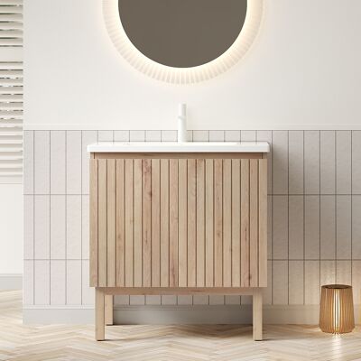 ACKERMAN Niko Meuble-lavabo Autoportant 80 Cm Avec Vasque Intégrée En Céramique Blanche, Armoire Rayée Avec Étagère Réglable Et Double Portes, Couleur Chêne Blanc - Publicité ACKERMAN Niko Meuble-lavabo Autoportant 80 Cm Avec Vasque Intégrée En Céramique Blanche, Armoire Rayée Avec Étagère Réglable Et Double Portes, Couleur Chêne Blanc - Publicité