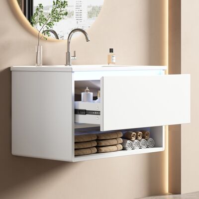 ACKERMAN Meuble Sous Vasque Mural Pour Salle De Bain 76,5×46×45cm, Entièrement Peint, Bandeau Led Avec Capteur De Mouvement Radar, Tiroir Unique, Compartiment De Rangement Ouvert, Glissières De Tiroir Silencie - Publicité ACKERMAN Meuble Sous Vasque Mural Pour Salle De Bain 76,5×46×45cm, Entièrement Peint, Bandeau Led Avec Capteur De Mouvement Radar, Tiroir Unique, Compartiment De Rangement Ouvert, Glissières De Tiroir Silencie - Publicité