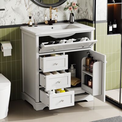ACKERMAN Meuble De Salle De Bain Autonome 76x46x87cm Avec Lavabo, Meuble Sous Vasque, Peinture Résistante À L'Humidité, Glissière De Tiroir Silencieuse, Cadre De Porte, Tiroir Rabattant, Lavabo En Céramique, B - Publicité ACKERMAN Meuble De Salle De Bain Autonome 76x46x87cm Avec Lavabo, Meuble Sous Vasque, Peinture Résistante À L'Humidité, Glissière De Tiroir Silencieuse, Cadre De Porte, Tiroir Rabattant, Lavabo En Céramique, B - Publicité