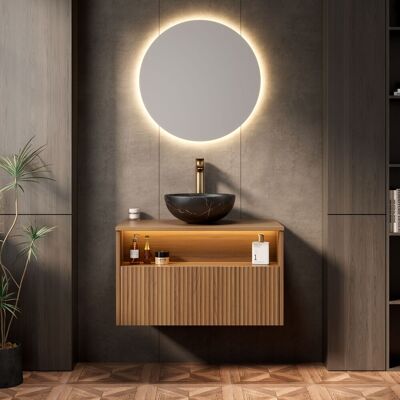 ACKERMAN Meuble Vasque Suspendu 80cm Pour Salle De Bain Avec Vasque Céramique Noire Bol Motif De Pierre, Armoire En Contreplaqué Rayé Avec Tiroir Et Étagère, Capteur De Lumière, Pré-monté, Grain De Chêne Brun - Publicité ACKERMAN Meuble Vasque Suspendu 80cm Pour Salle De Bain Avec Vasque Céramique Noire Bol Motif De Pierre, Armoire En Contreplaqué Rayé Avec Tiroir Et Étagère, Capteur De Lumière, Pré-monté, Grain De Chêne Brun - Publicité