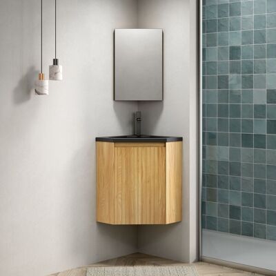ACKERMAN Meuble De Salle De Bain Mural 38cm Avec Vasque Intégrée Noire Mate En Résine, Meubles En Contreplaqué Triangulaires Rayés, Pour Les Coins, Une Porte, Préassemblé, Couleur Veinure De Bois Naturel - Publicité ACKERMAN Meuble De Salle De Bain Mural 38cm Avec Vasque Intégrée Noire Mate En Résine, Meubles En Contreplaqué Triangulaires Rayés, Pour Les Coins, Une Porte, Préassemblé, Couleur Veinure De Bois Naturel - Publicité
