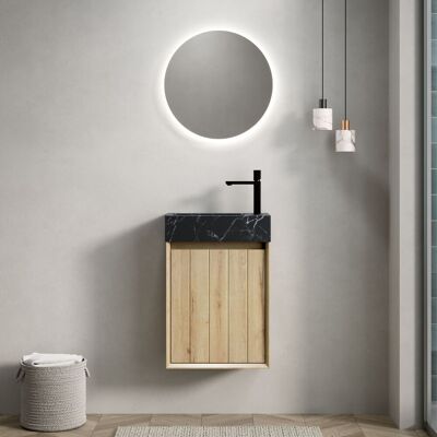 ACKERMAN Meuble Vasque Mural 40cm Pour Salle De Bain Avec Vasque Encastrée En Marbre Noir Avec Motif De Pierre, Armoires En Contreplaqué Rayé, Une Porte, Pré-monté, Couleur Grain De Chêne Blanc - Publicité ACKERMAN Meuble Vasque Mural 40cm Pour Salle De Bain Avec Vasque Encastrée En Marbre Noir Avec Motif De Pierre, Armoires En Contreplaqué Rayé, Une Porte, Pré-monté, Couleur Grain De Chêne Blanc - Publicité