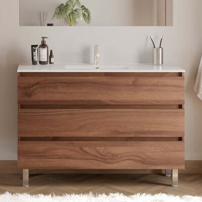 COSYNEO Meuble De Salle De Bain 120cm Simple Vasque - 3 Tiroirs - Sans Miroir - Noyer (bois Foncé) - Mayor - Publicité COSYNEO Meuble De Salle De Bain 120cm Simple Vasque - 3 Tiroirs - Sans Miroir - Noyer (bois Foncé) - Mayor - Publicité