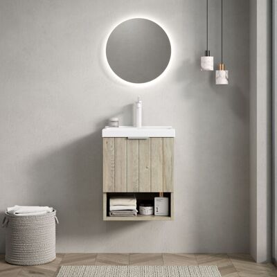 ACKERMAN Meuble Vasque Mural 42cm Pour Salle De Bain Avec Vasque Céramique Blanche Rectangulaire, Armoire Rayé Avec Portes Doubles Et Étagère Ouverte, Couleur Crème Grain De Chêne - Publicité ACKERMAN Meuble Vasque Mural 42cm Pour Salle De Bain Avec Vasque Céramique Blanche Rectangulaire, Armoire Rayé Avec Portes Doubles Et Étagère Ouverte, Couleur Crème Grain De Chêne - Publicité