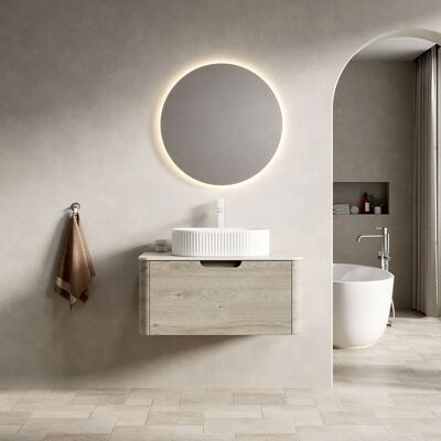 ACKERMAN Meuble Vasque Suspendu 80cm Pour Salle De Bain Avec Vasque Ovale Blanche, Plaque En Grès Travertin, Armoire En Contreplaqué À Bords Arrondis Avec Tiroir, Pré-monté, Couleur Crème Grain De Chêne - Publicité ACKERMAN Meuble Vasque Suspendu 80cm Pour Salle De Bain Avec Vasque Ovale Blanche, Plaque En Grès Travertin, Armoire En Contreplaqué À Bords Arrondis Avec Tiroir, Pré-monté, Couleur Crème Grain De Chêne - Publicité