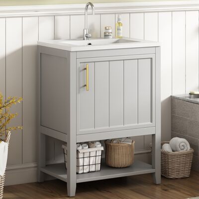 ACKERMAN Meuble De Salle De Bain, Vasque Simple, Meuble Sous Vasque 60 Cm Avec Lavabo En Céramique, Avec Étagère, Gris Clair - Publicité ACKERMAN Meuble De Salle De Bain, Vasque Simple, Meuble Sous Vasque 60 Cm Avec Lavabo En Céramique, Avec Étagère, Gris Clair - Publicité