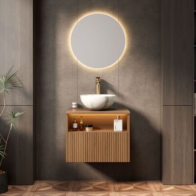 ACKERMAN Meuble De Salle De Bain Suspendu 60cm Avec Vasque En Céramique Blanche À Motif De Pierre, Meuble En Contreplaqué Rayé Avec Tiroir Et Étagère, Éclairage Capteur, Préassemblé, Couleur Veinure De Bois Ch - Publicité ACKERMAN Meuble De Salle De Bain Suspendu 60cm Avec Vasque En Céramique Blanche À Motif De Pierre, Meuble En Contreplaqué Rayé Avec Tiroir Et Étagère, Éclairage Capteur, Préassemblé, Couleur Veinure De Bois Ch - Publicité