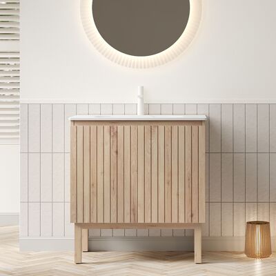 ACKERMAN Niko Vasque De Salle De Bain Autonome 80cm Avec Vasque Encastrée En Pierre De Carrare Frittée Blanche, Meuble Rayé Avec Étagère Réglable Et Doubles Portes, Couleur Veinure De Bois Chêne Blanc - Publicité ACKERMAN Niko Vasque De Salle De Bain Autonome 80cm Avec Vasque Encastrée En Pierre De Carrare Frittée Blanche, Meuble Rayé Avec Étagère Réglable Et Doubles Portes, Couleur Veinure De Bois Chêne Blanc - Publicité