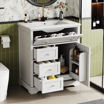 SANS MARQUE Meuble De Salle De Bain Autoportant 76x46x87cm, Meuble Sous Lavabo Avec Lavabo En Céramique, Finition Laquée , Tiroir Silencieux - Publicité SANS MARQUE Meuble De Salle De Bain Autoportant 76x46x87cm, Meuble Sous Lavabo Avec Lavabo En Céramique, Finition Laquée , Tiroir Silencieux - Publicité