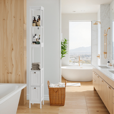 ACKERMAN Armoire Haute Étroite, Meuble De Salle De Bain, Meuble Bas Étroit Autonome, Colonne De Rangement En Bois, Meuble Autonome Avec 2 Tiroirs Et 3 Clayettes, 20lx30px160hcm, Blanc - Publicité ACKERMAN Armoire Haute Étroite, Meuble De Salle De Bain, Meuble Bas Étroit Autonome, Colonne De Rangement En Bois, Meuble Autonome Avec 2 Tiroirs Et 3 Clayettes, 20lx30px160hcm, Blanc - Publicité