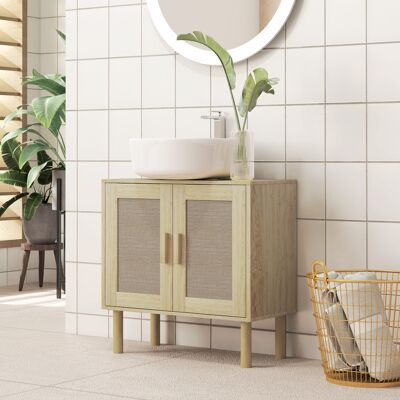 OEM Meuble Sous Lavabo Salle De Bain Portes Rotin + Pieds Bois Pin (2 Niveaux) 60x30x60 Cm Chêne - Publicité OEM Meuble Sous Lavabo Salle De Bain Portes Rotin + Pieds Bois Pin (2 Niveaux) 60x30x60 Cm Chêne - Publicité