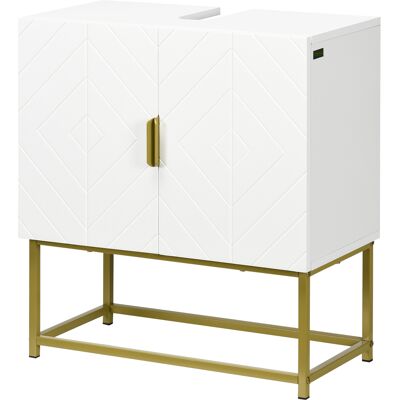 HEAT Meuble Vasque De Salle De Bain Avec Armoire À Double Porte Et Pieds En Acier Doré, 60 X 30 X 65 Cm, Blanc - Publicité HEAT Meuble Vasque De Salle De Bain Avec Armoire À Double Porte Et Pieds En Acier Doré, 60 X 30 X 65 Cm, Blanc - Publicité