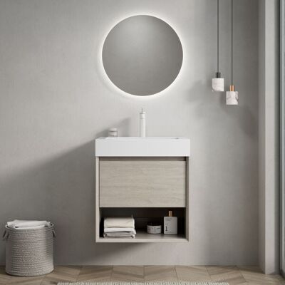ACKERMAN Meuble De Salle De Bain Mural 55cm Avec Vasque Rectangulaire Blanche En Résine Intégrée, Meuble En Contreplaqué Avec Un Tiroir Et Une Étagère Ouverte, Préassemblé, Couleur Veinure De Bois Chêne Clair - Publicité ACKERMAN Meuble De Salle De Bain Mural 55cm Avec Vasque Rectangulaire Blanche En Résine Intégrée, Meuble En Contreplaqué Avec Un Tiroir Et Une Étagère Ouverte, Préassemblé, Couleur Veinure De Bois Chêne Clair - Publicité
