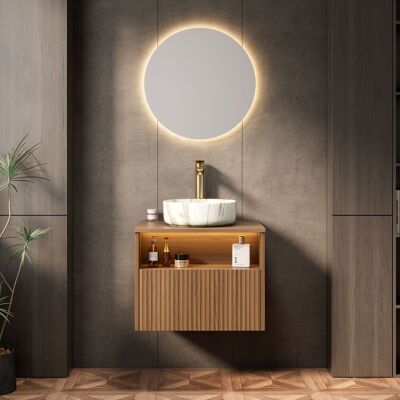 ACKERMAN Meuble De Salle De Bain Suspendu 60cm Avec Vasque En Céramique Blanche À Motif De Pierre, Meuble En Contreplaqué Rayé Avec Tiroir Et Étagère, Éclairage Capteur, Préassemblé, Couleur Veinure De Bois Ch - Publicité ACKERMAN Meuble De Salle De Bain Suspendu 60cm Avec Vasque En Céramique Blanche À Motif De Pierre, Meuble En Contreplaqué Rayé Avec Tiroir Et Étagère, Éclairage Capteur, Préassemblé, Couleur Veinure De Bois Ch - Publicité
