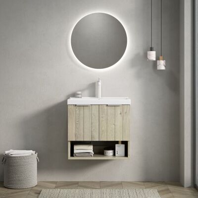ACKERMAN Meuble Vasque Mural 55cm Pour Salle De Bain Avec Vasque Céramique Blanche Rectangulaire, Armoire Rayé Avec Portes Doubles Et Étagère Ouverte, Couleur Crème Grain De Chêne - Publicité ACKERMAN Meuble Vasque Mural 55cm Pour Salle De Bain Avec Vasque Céramique Blanche Rectangulaire, Armoire Rayé Avec Portes Doubles Et Étagère Ouverte, Couleur Crème Grain De Chêne - Publicité