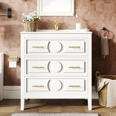 SANS MARQUE Meuble De Salle De Bain Blanc Rétro 81x46,5cm Avec Lavabo En Céramique, 3 Tiroirs, Fermeture Douce, Meuble Libres - Publicité SANS MARQUE Meuble De Salle De Bain Blanc Rétro 81x46,5cm Avec Lavabo En Céramique, 3 Tiroirs, Fermeture Douce, Meuble Libres - Publicité