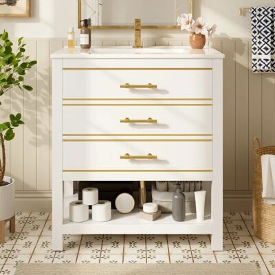 SANS MARQUE Meuble De Salle De Bain Sur Pied Avec Lavabo Céramique, 2 Tiroirs Et Niche Ouverte, Mdf Laqué, Poignées Dorées, Blanc - Publicité SANS MARQUE Meuble De Salle De Bain Sur Pied Avec Lavabo Céramique, 2 Tiroirs Et Niche Ouverte, Mdf Laqué, Poignées Dorées, Blanc - Publicité