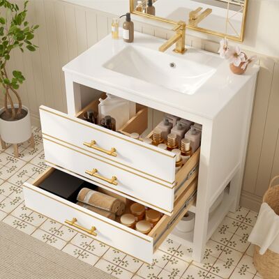 ACKERMAN Meuble Sous Vasque De Salle De Bain Blanc Avec Lavabo En Céramique – Meuble De Salle De Bain Autonome Avec 2 Tiroirs Et Compartiment Ouvert, Panneau Mdf De Qualité Avec Peinture, Poignées Dorées, Sans - Publicité ACKERMAN Meuble Sous Vasque De Salle De Bain Blanc Avec Lavabo En Céramique – Meuble De Salle De Bain Autonome Avec 2 Tiroirs Et Compartiment Ouvert, Panneau Mdf De Qualité Avec Peinture, Poignées Dorées, Sans - Publicité